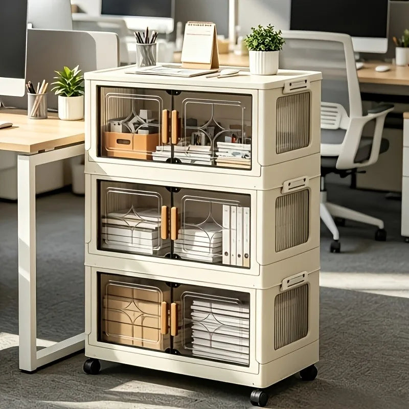 18.5in cream white foldable stackable storage cabinet, no assembly needed, foldable modular plastic storage box with transparent double doors and handles, lockable 360° rotating casters, side connectors to keep dust out and