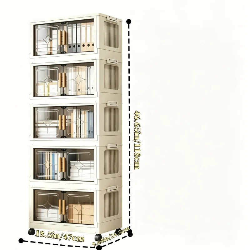 18.5in cream white foldable stackable storage cabinet, no assembly needed, foldable modular plastic storage box with transparent double doors and handles, lockable 360° rotating casters, side connectors to keep dust out and