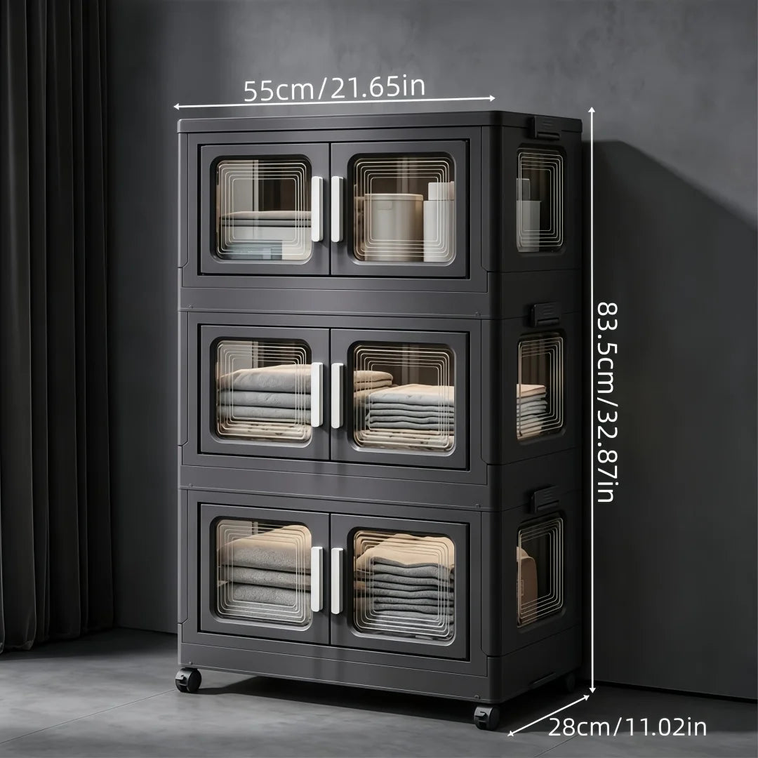 Foldable Storage Cabinet, No Assembly Needed, Stackable and Collapsible Plastic Storage Organizer with Geometric Transparent Double Doors and Ergonomic White Handle, Lockable Silent Wheels, Large-Capacity Dustproof Independen