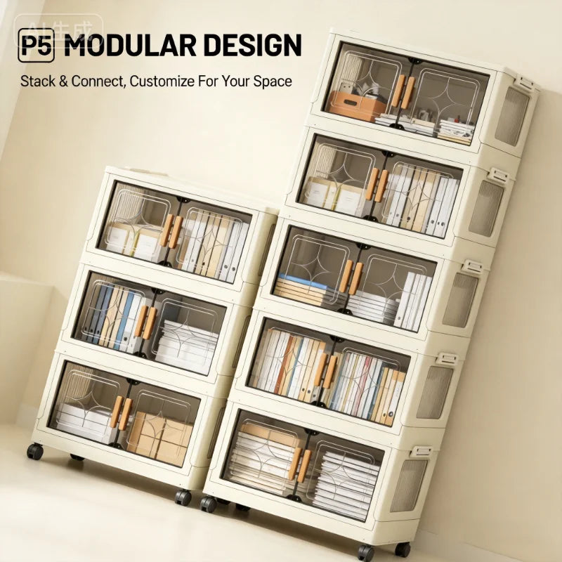 18.5in cream white foldable stackable storage cabinet, no assembly needed, foldable modular plastic storage box with transparent double doors and handles, lockable 360° rotating casters, side connectors to keep dust out and