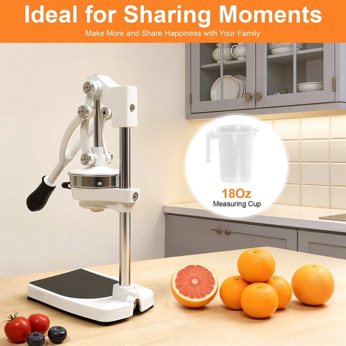 Manual Juicer – 304 Stainless Steel, Dual Press Heads, Rotating Gravity Rod, Suction Cup Base, 500ml Cup – for Fruits Vegetables – Silver