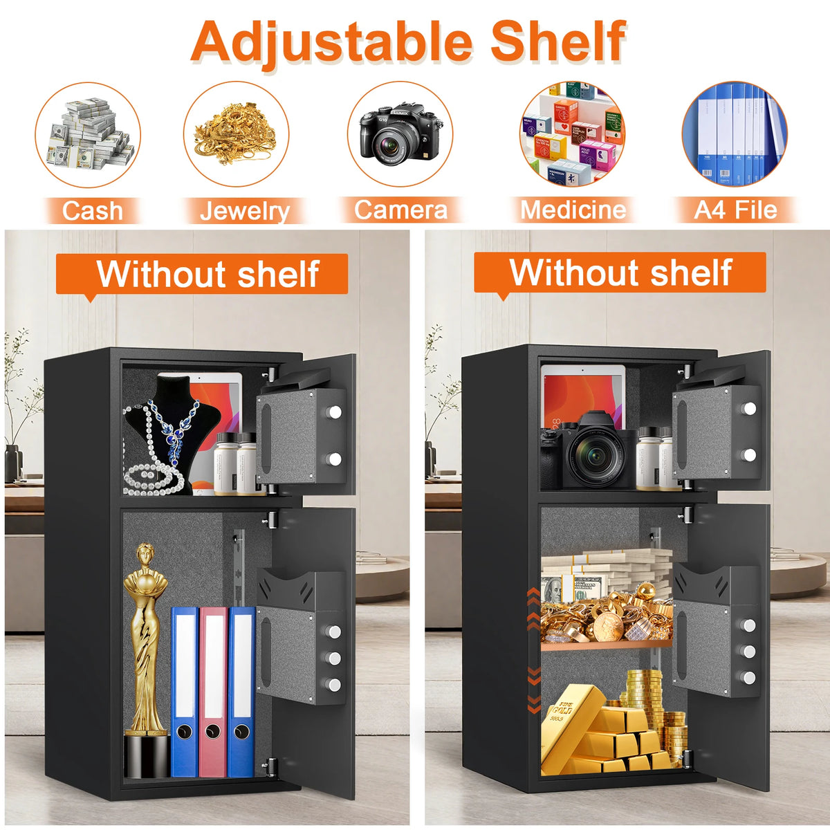 6.0 Cuft Large Fingerprint Home Safes, Safe Box Fireproof Waterproof with LED Light and Dual Alarm System
