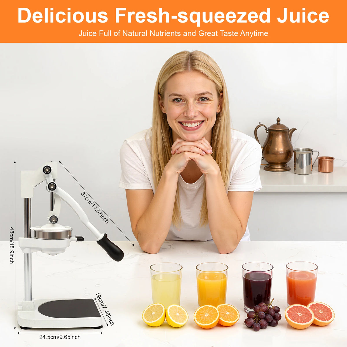 Manual Juicer – 304 Stainless Steel, Dual Press Heads, Rotating Gravity Rod, Suction Cup Base, 500ml Cup – for Fruits Vegetables – Silver
