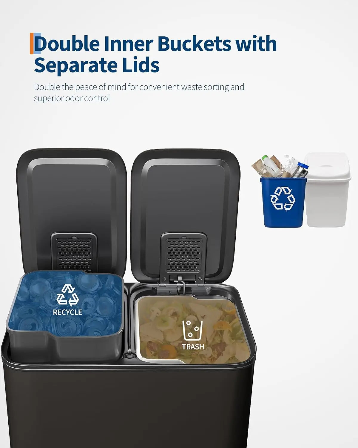 Garvee 2 x 30L Two Compartment Large Stainless Steel Garbage Can Trash Bin Pedal Double Recycle Bins for Kitchen Waste Bins