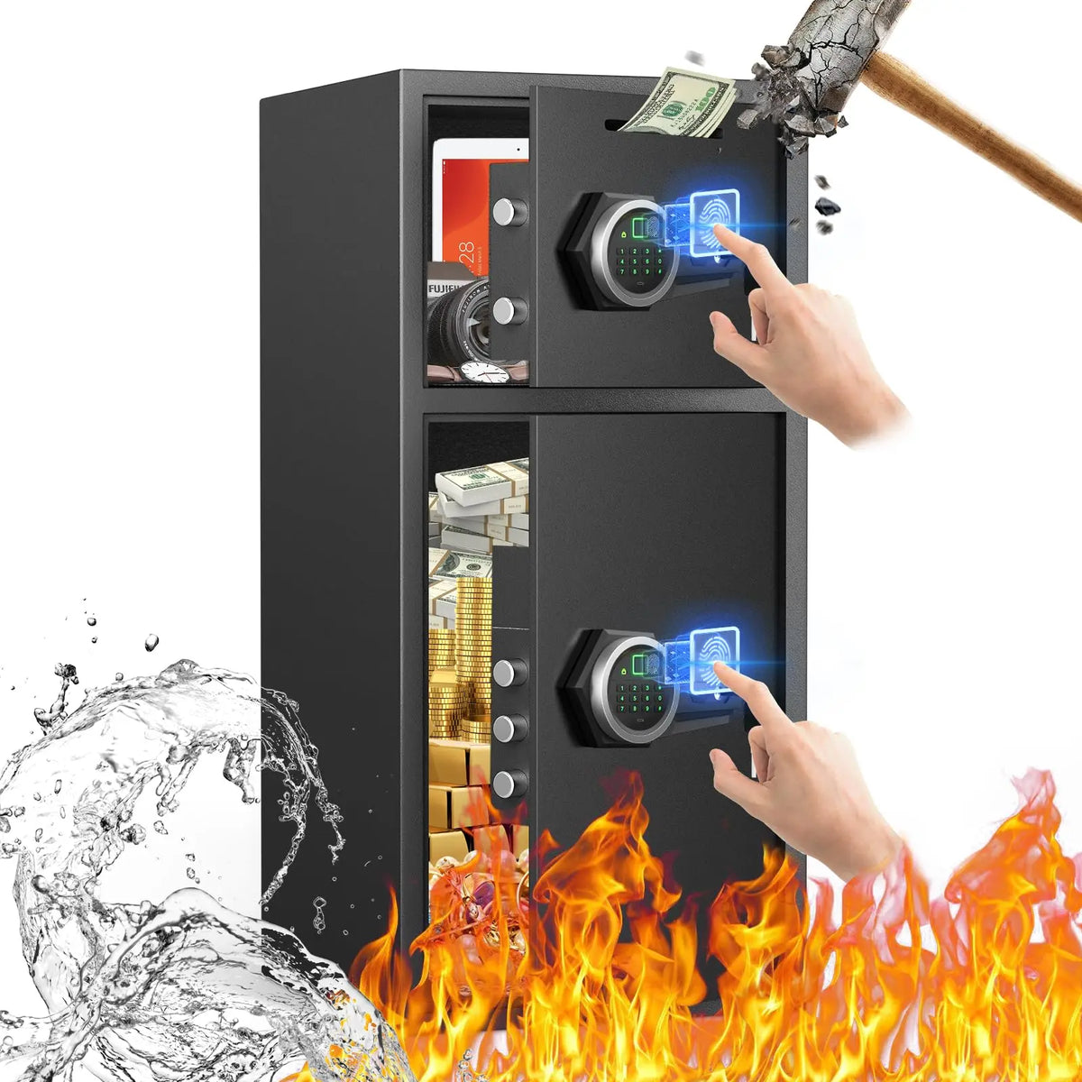 6.0 Cuft Large Fingerprint Home Safes, Safe Box Fireproof Waterproof with LED Light and Dual Alarm System