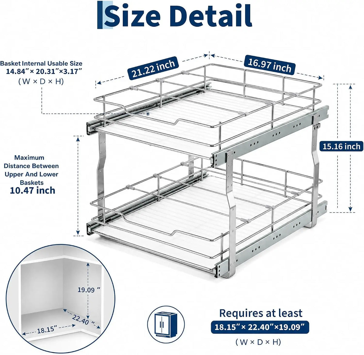 Tacleekii 2-Tier Pull Out Cabinet Organizer Pullout Shelf and Drawer Organizer with Heavy-Duty Steel Frame Slide Out Storage Basket for Kitchen, Pantry & Under Sink