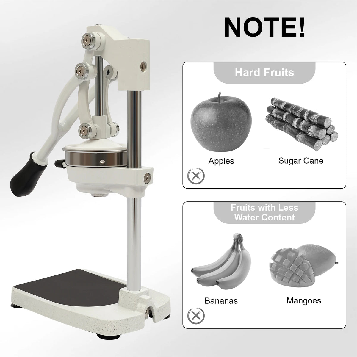 Manual Juicer – 304 Stainless Steel, Dual Press Heads, Rotating Gravity Rod, Suction Cup Base, 500ml Cup – for Fruits Vegetables – Silver
