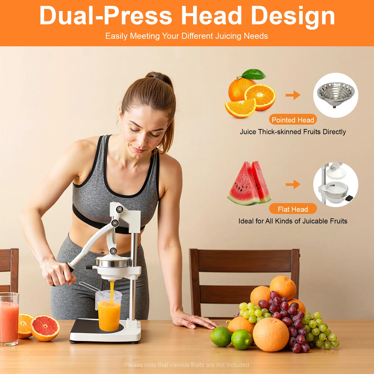 Manual Juicer – 304 Stainless Steel, Dual Press Heads, Rotating Gravity Rod, Suction Cup Base, 500ml Cup – for Fruits Vegetables – Silver