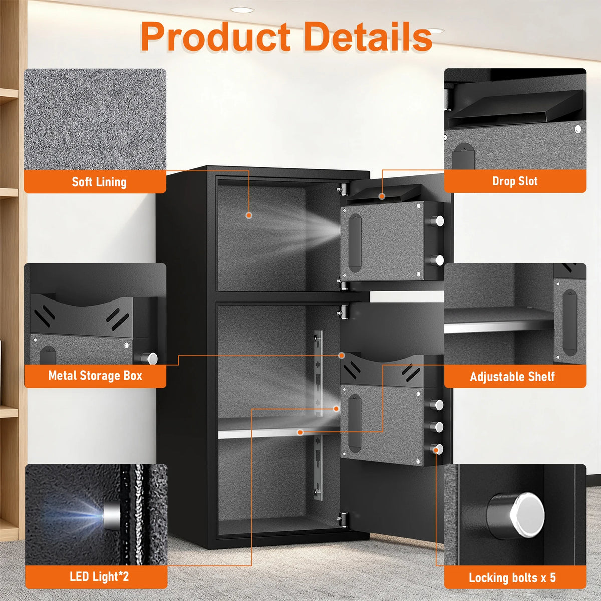 6.0 Cuft Large Fingerprint Home Safes, Safe Box Fireproof Waterproof with LED Light and Dual Alarm System