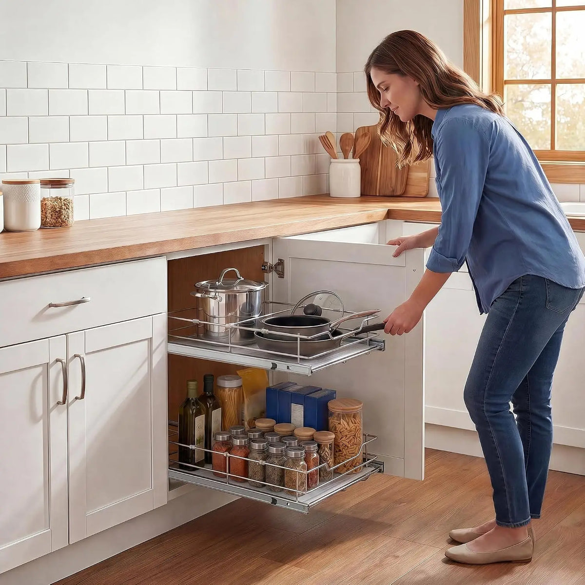 Tacleekii 2-Tier Pull Out Cabinet Organizer Pullout Shelf and Drawer Organizer with Heavy-Duty Steel Frame Slide Out Storage Basket for Kitchen, Pantry & Under Sink