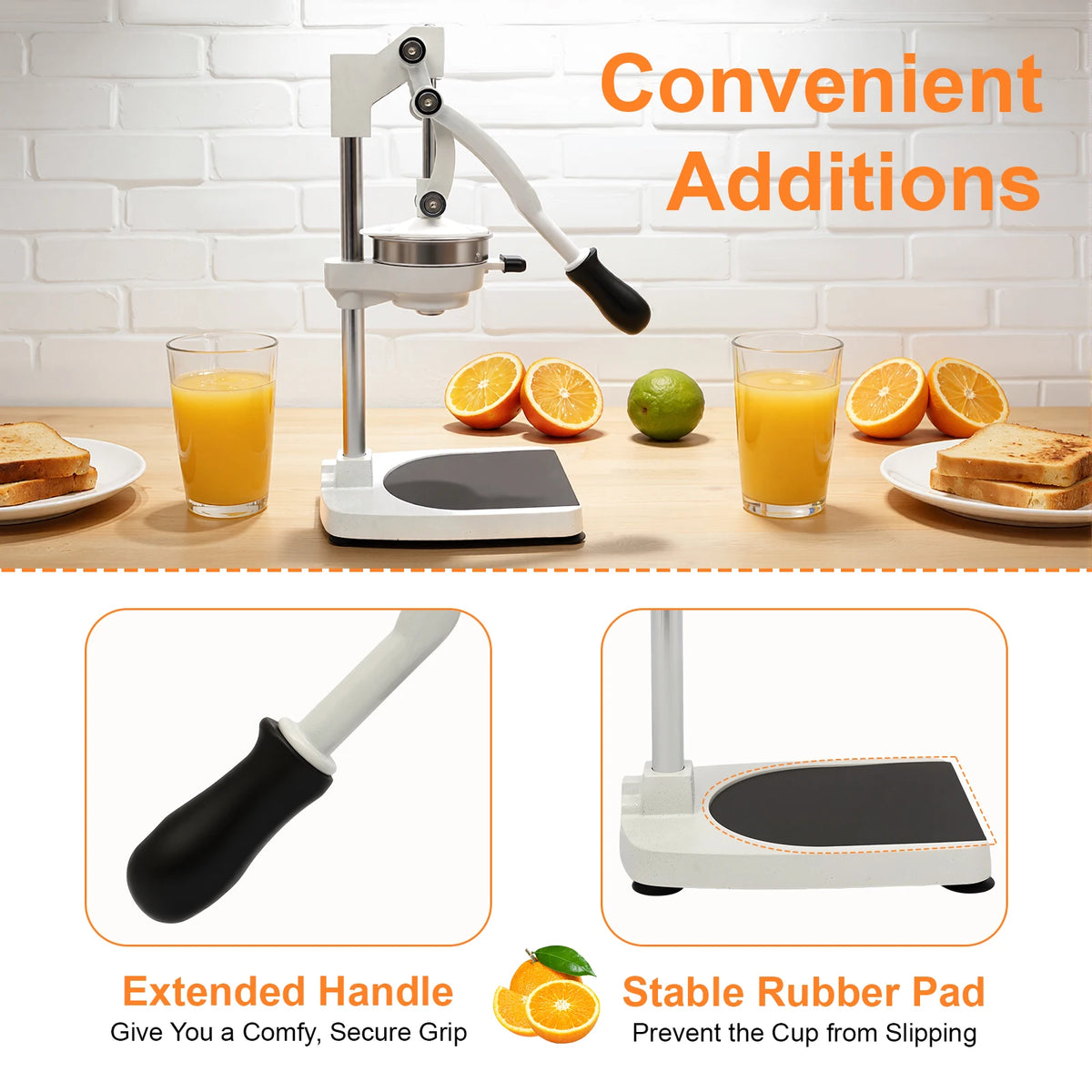 Manual Juicer – 304 Stainless Steel, Dual Press Heads, Rotating Gravity Rod, Suction Cup Base, 500ml Cup – for Fruits Vegetables – Silver