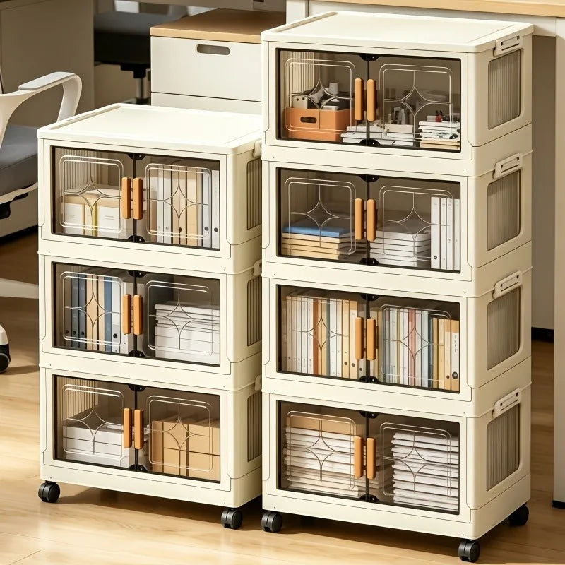 18.5in cream white foldable stackable storage cabinet, no assembly needed, foldable modular plastic storage box with transparent double doors and handles, lockable 360° rotating casters, side connectors to keep dust out and