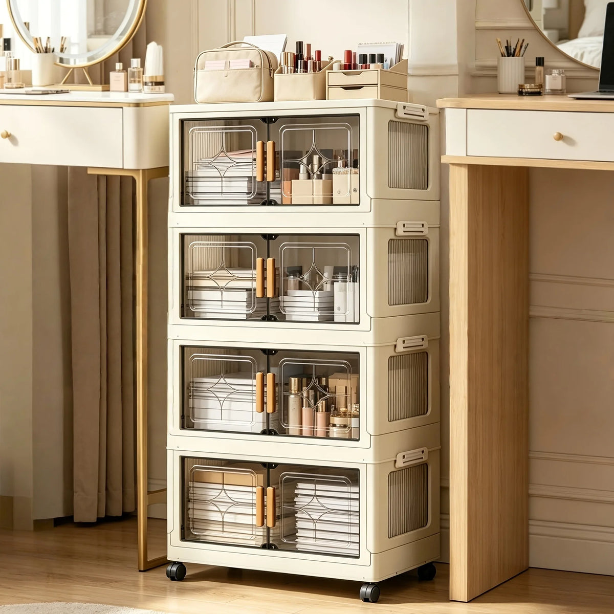 18.5in cream white foldable stackable storage cabinet, no assembly needed, foldable modular plastic storage box with transparent double doors and handles, lockable 360° rotating casters, side connectors to keep dust out and