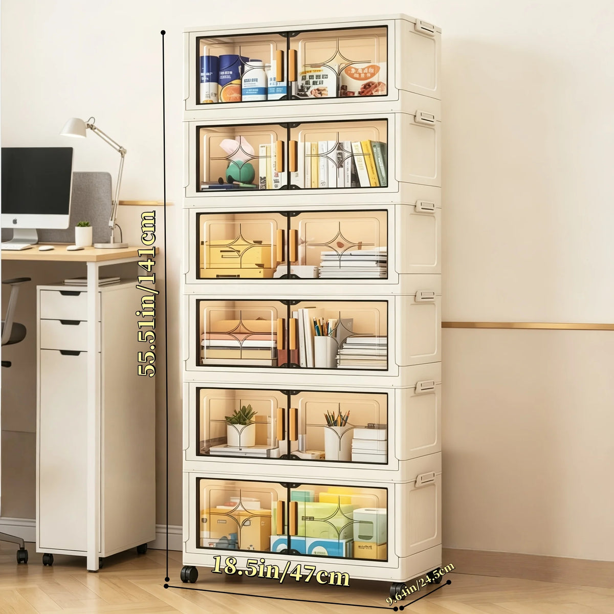 18.5in cream white foldable stackable storage cabinet, no assembly needed, foldable modular plastic storage box with transparent double doors and handles, lockable 360° rotating casters, side connectors to keep dust out and
