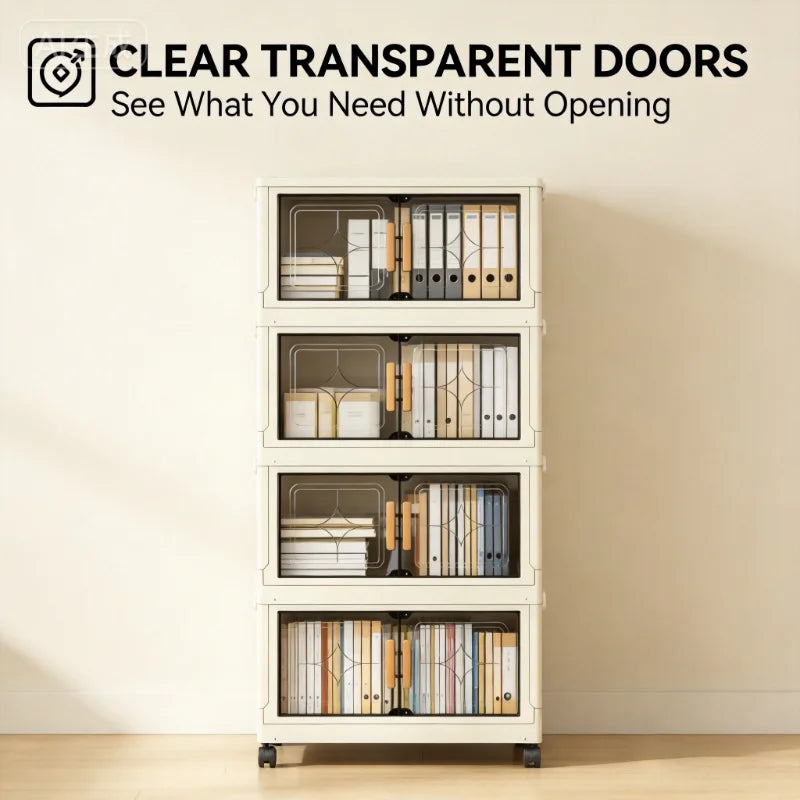18.5in cream white foldable stackable storage cabinet, no assembly needed, foldable modular plastic storage box with transparent double doors and handles, lockable 360° rotating casters, side connectors to keep dust out and