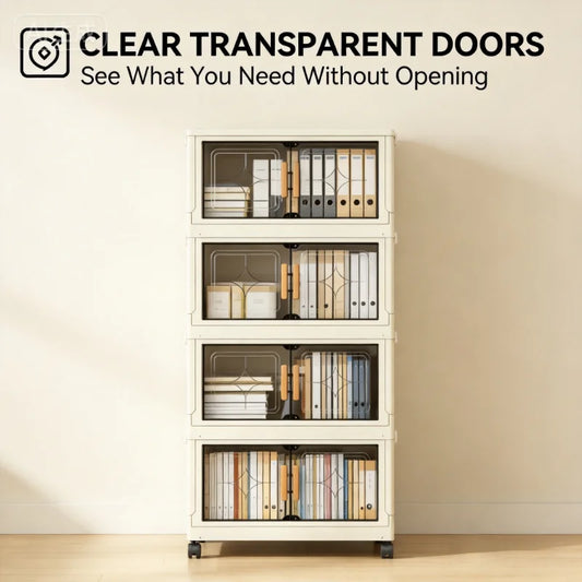 18.5in cream white foldable stackable storage cabinet, no assembly needed, foldable modular plastic storage box with transparent double doors and handles, lockable 360° rotating casters, side connectors to keep dust out and
