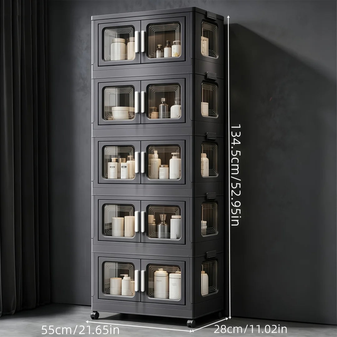 Foldable Storage Cabinet, No Assembly Needed, Stackable and Collapsible Plastic Storage Organizer with Geometric Transparent Double Doors and Ergonomic White Handle, Lockable Silent Wheels, Large-Capacity Dustproof Independen