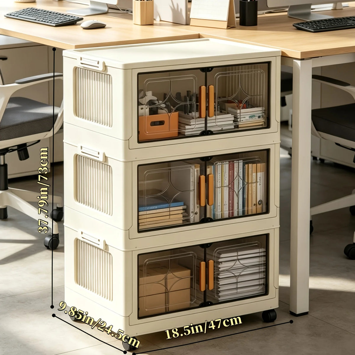 18.5in cream white foldable stackable storage cabinet, no assembly needed, foldable modular plastic storage box with transparent double doors and handles, lockable 360° rotating casters, side connectors to keep dust out and