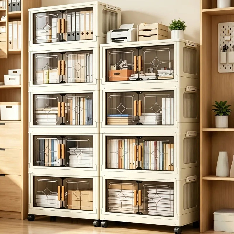 18.5in cream white foldable stackable storage cabinet, no assembly needed, foldable modular plastic storage box with transparent double doors and handles, lockable 360° rotating casters, side connectors to keep dust out and