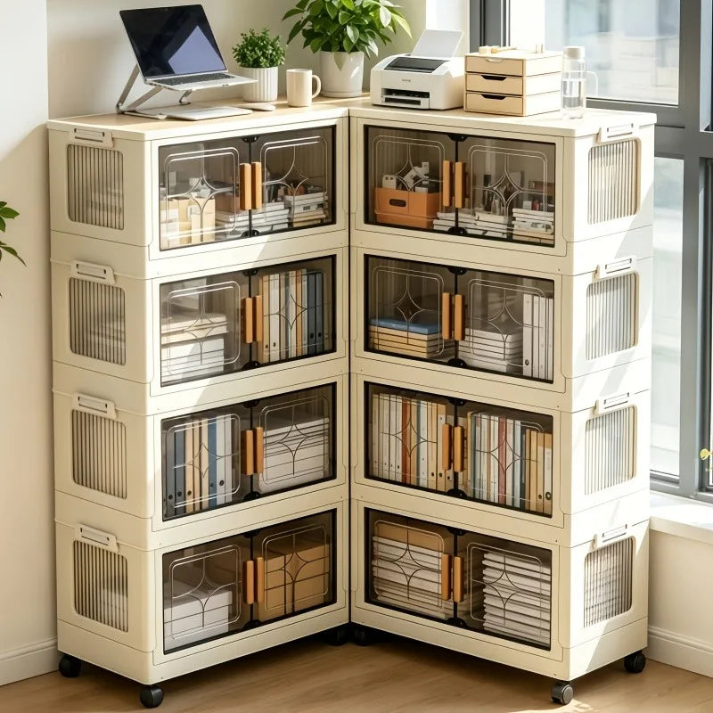18.5in cream white foldable stackable storage cabinet, no assembly needed, foldable modular plastic storage box with transparent double doors and handles, lockable 360° rotating casters, side connectors to keep dust out and