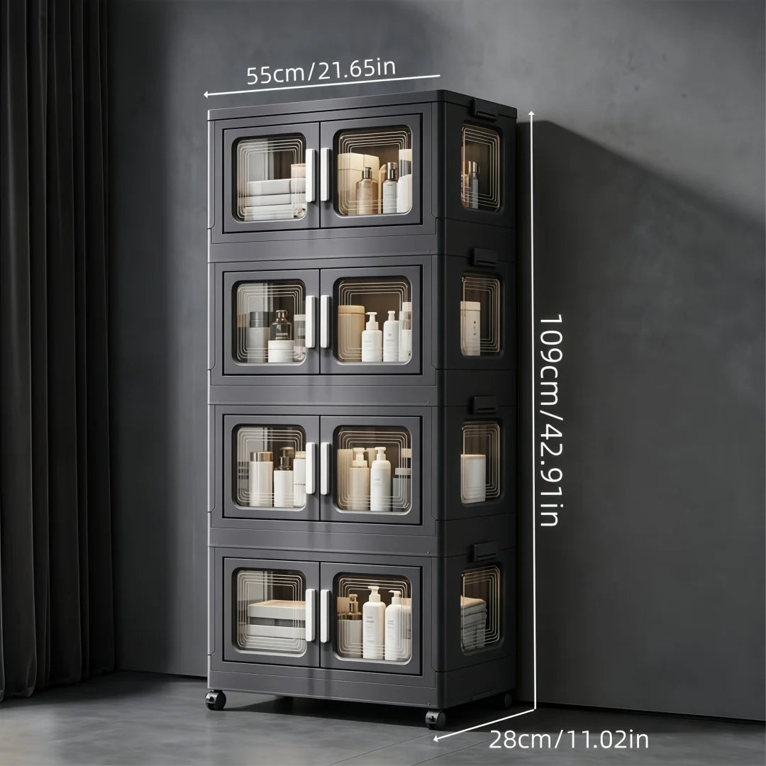 Foldable Storage Cabinet, No Assembly Needed, Stackable and Collapsible Plastic Storage Organizer with Geometric Transparent Double Doors and Ergonomic White Handle, Lockable Silent Wheels, Large-Capacity Dustproof Independen