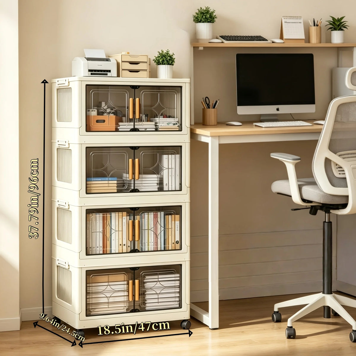 18.5in cream white foldable stackable storage cabinet, no assembly needed, foldable modular plastic storage box with transparent double doors and handles, lockable 360° rotating casters, side connectors to keep dust out and