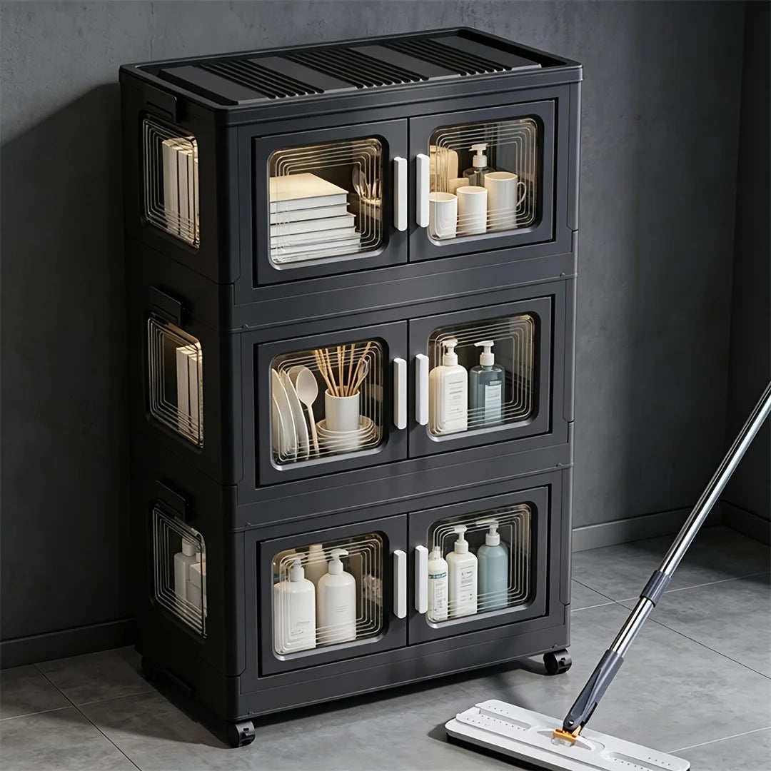 Foldable Storage Cabinet, No Assembly Needed, Stackable and Collapsible Plastic Storage Organizer with Geometric Transparent Double Doors and Ergonomic White Handle, Lockable Silent Wheels, Large-Capacity Dustproof Independen