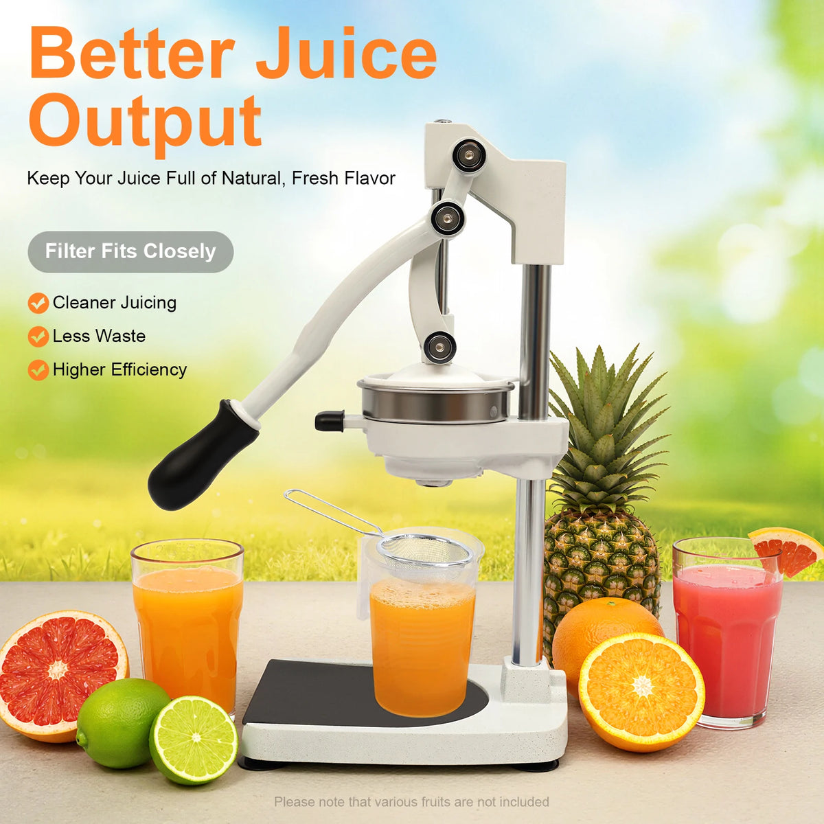 Manual Juicer – 304 Stainless Steel, Dual Press Heads, Rotating Gravity Rod, Suction Cup Base, 500ml Cup – for Fruits Vegetables – Silver
