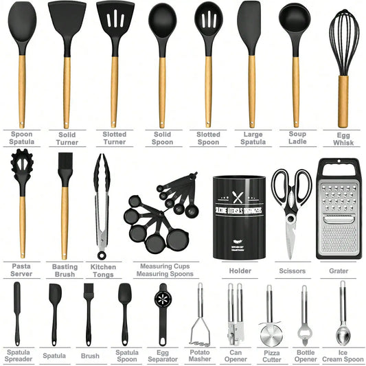 Silicone Kitchen Utensils Set Modern Cooking Utensil Set 34 PCS Black Heat Resistant Silicone Wooden Handles With Holder Nonstick Cooking Spatula Set For Cooking Baking Kitchen Gadgets Tools Set Housewarming Gift