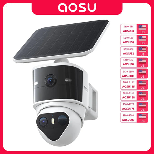 AOSU 10MP Solar Security Cameras 9200mAh Wireless Outdoor Dual Cam 170° Wide+360° PTZ AI Human Vehicle Tracking Home Security