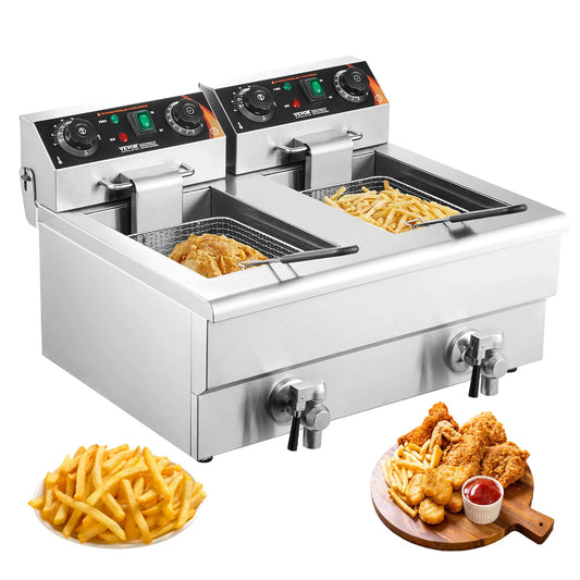 SucceBuy  12L Electric Deep Fryer w/Dual Removable Tanks Commercial Countertop  Fryer for Chicken French Fries Frying Chips