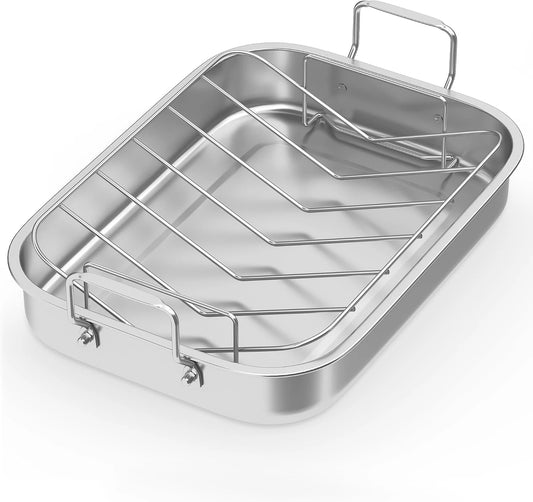 15.6'' Roasting Pan With V-Shaped Rack, Heavy Duty Non-Stick Stainless Steel Roaster For Turkey, Lasagna Pan With Handles