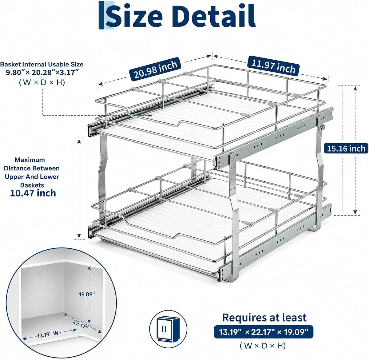 Tacleekii 2-Tier Pull Out Cabinet Organizer Pullout Shelf and Drawer Organizer with Heavy-Duty Steel Frame Slide Out Storage Basket for Kitchen, Pantry & Under Sink
