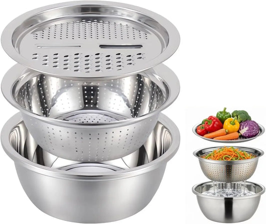 Multifunctional Stainless Steel Basin with Grater, Vegetable Slicer, Strainer and Drain Basket – 3-Piece Kitchen Set for Slicing, Grating, Straining and Draining