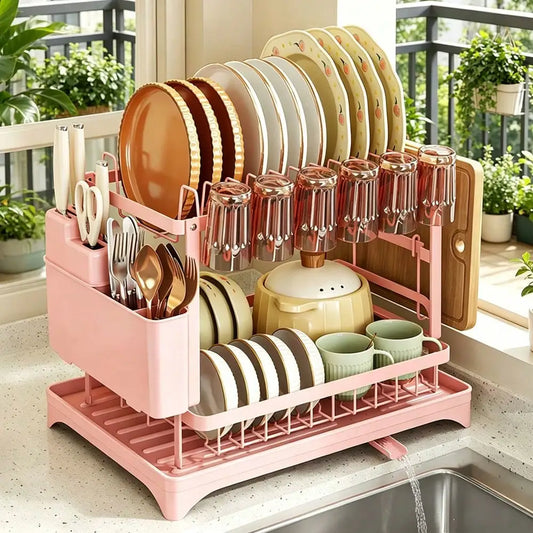 2 Tier Dish Drying Rack Modern Pink Stainless Steel Dish Drainer With Drainboard Auto Drainage Spout Large Capacity Utensil And Cutting Board Holder For Kitchen Counter Countertop Sink Organizer Housewarming Gift