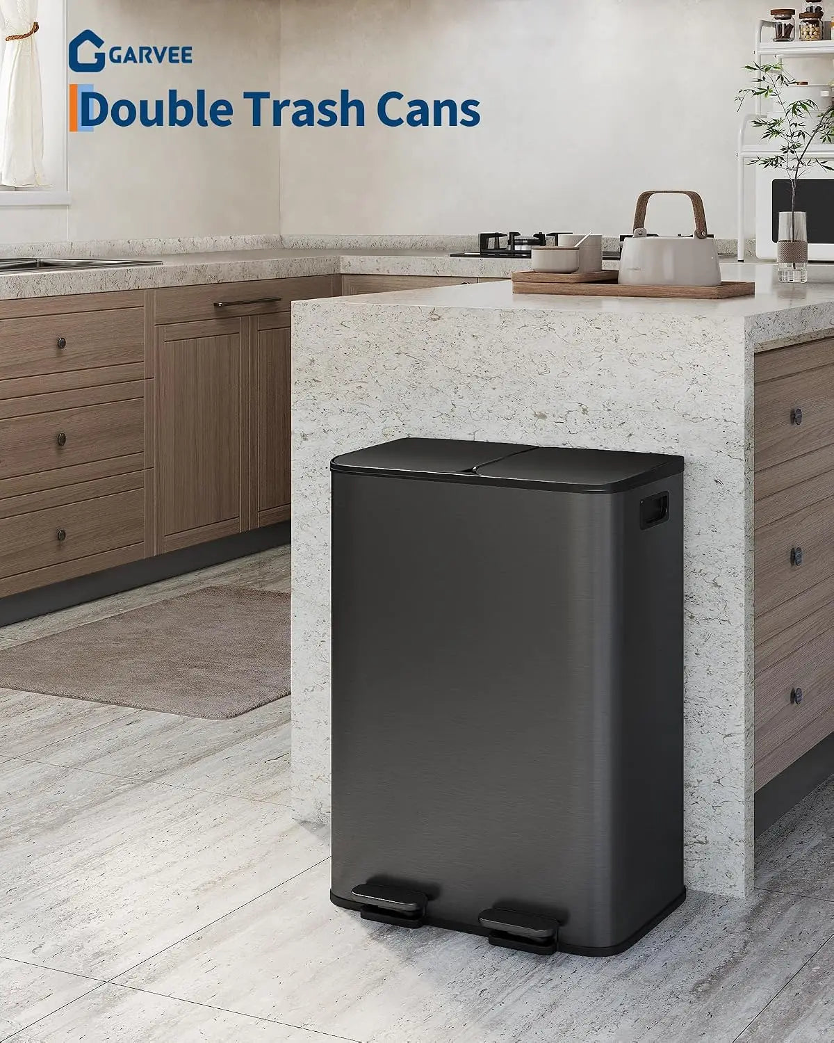Garvee 2 x 30L Two Compartment Large Stainless Steel Garbage Can Trash Bin Pedal Double Recycle Bins for Kitchen Waste Bins
