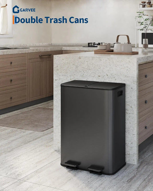 Garvee 2 x 30L Two Compartment Large Stainless Steel Garbage Can Trash Bin Pedal Double Recycle Bins for Kitchen Waste Bins
