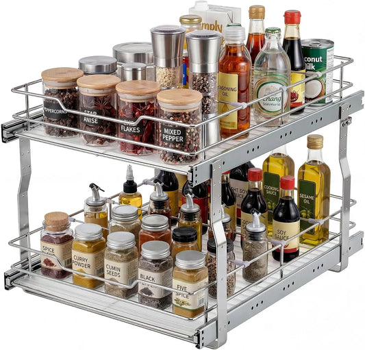 Tacleekii 2-Tier Pull Out Cabinet Organizer Pullout Shelf and Drawer Organizer with Heavy-Duty Steel Frame Slide Out Storage Basket for Kitchen, Pantry & Under Sink