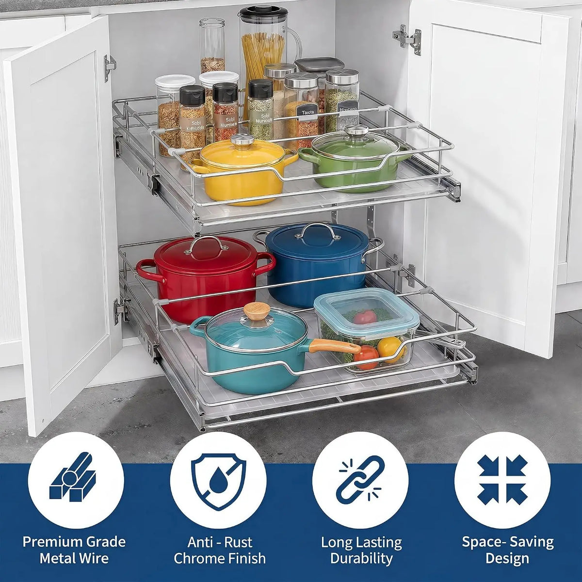 Tacleekii 2-Tier Pull Out Cabinet Organizer Pullout Shelf and Drawer Organizer with Heavy-Duty Steel Frame Slide Out Storage Basket for Kitchen, Pantry & Under Sink