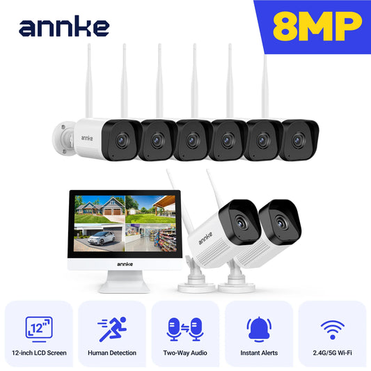 ANNKE 4K Wireless Security Kit with 12‑Inch Built‑in LCD Monitor, 8MP Ultra‑HD IP66 Weatherproof Wifi Cameras, Dual‑Band WiFi Pro Two‑Way Audio, Smart Human Detection, H.264+ Compression Plug‑and‑Play for Home o