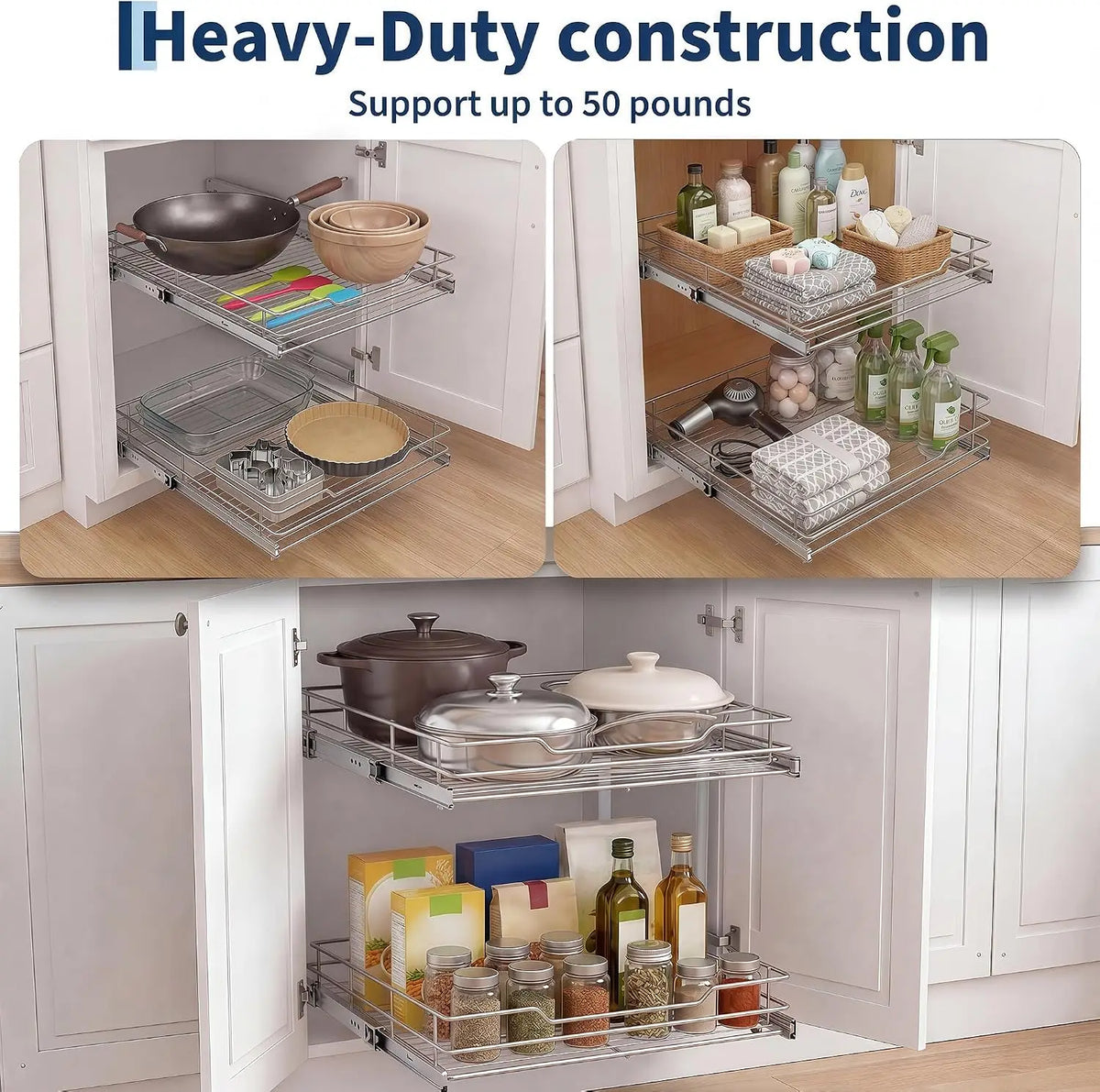 Tacleekii 2-Tier Pull Out Cabinet Organizer Pullout Shelf and Drawer Organizer with Heavy-Duty Steel Frame Slide Out Storage Basket for Kitchen, Pantry & Under Sink