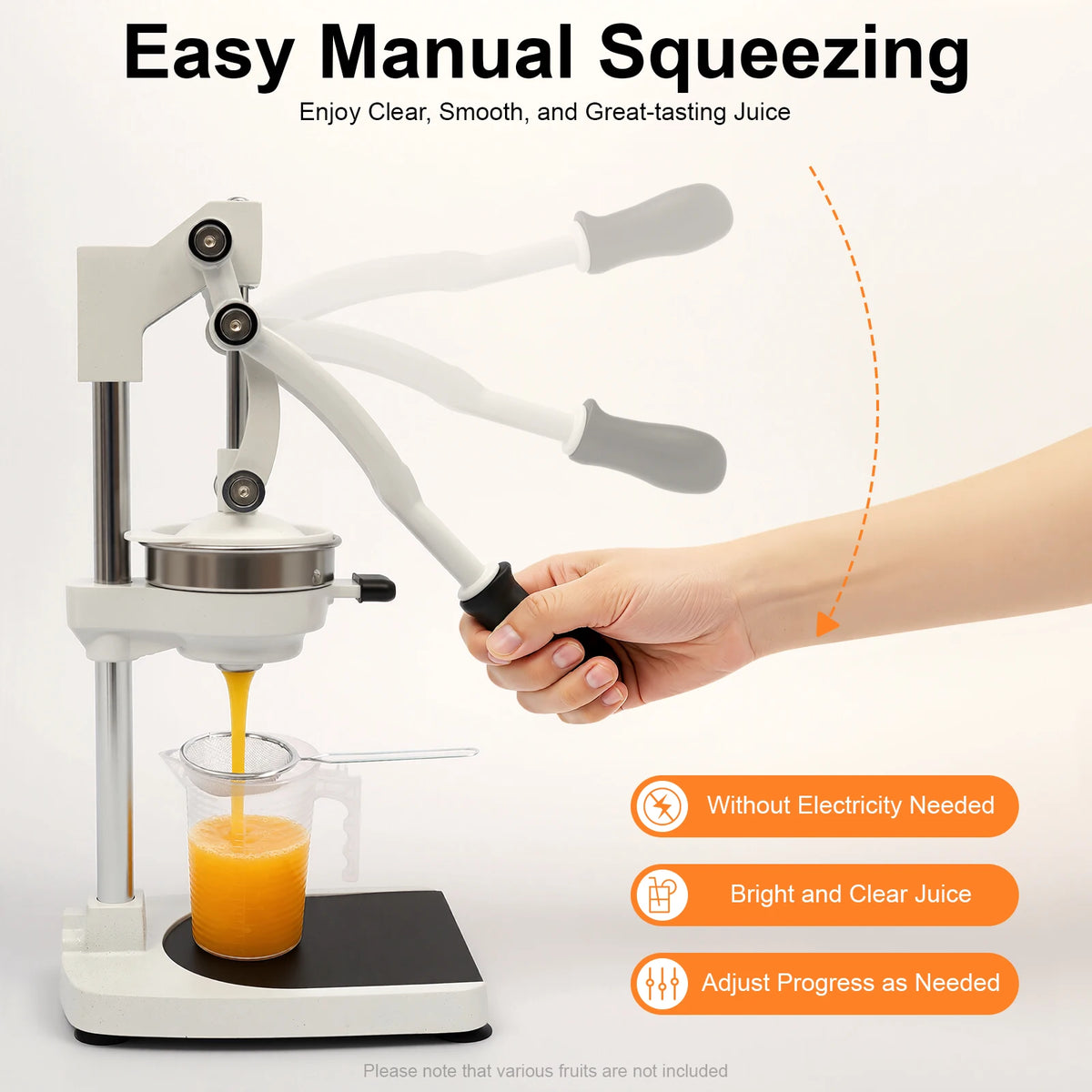 Manual Juicer – 304 Stainless Steel, Dual Press Heads, Rotating Gravity Rod, Suction Cup Base, 500ml Cup – for Fruits Vegetables – Silver