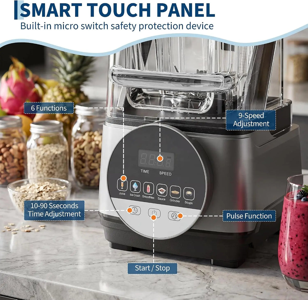 Tacleekii 68 Oz Commercial Blender Smart Touch Countertop Blender 9 Speed & 6 Functions Food-Grade Stainless Steel Powerful 28000 PRM,