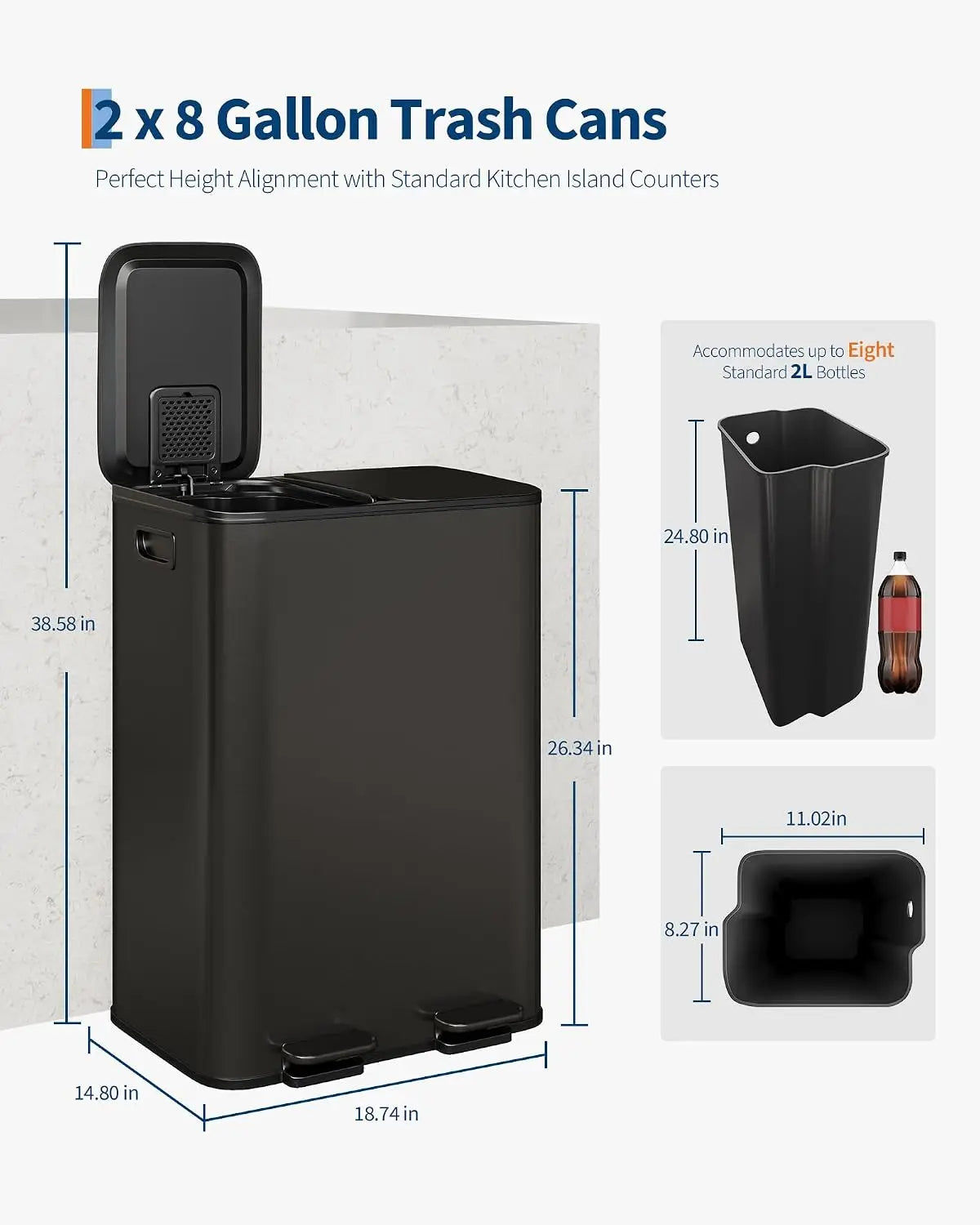 Garvee 2 x 30L Two Compartment Large Stainless Steel Garbage Can Trash Bin Pedal Double Recycle Bins for Kitchen Waste Bins