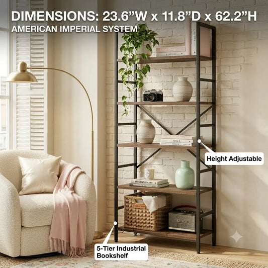 5-Tier Bookshelf 23.6"W x 11.8"D x 62.2"H, Industrial Tall Bookcase with Metal Frame, Slim Storage Organizer Shelves, Rustic Utility Wood Shelf for Living Room & Kitchen Pantry